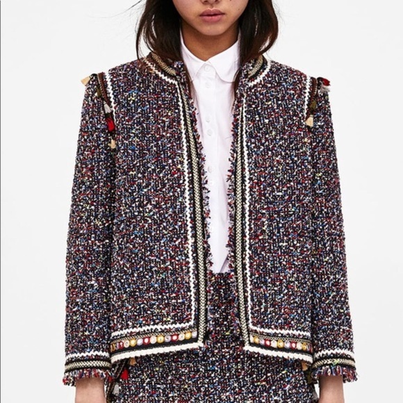 Zara Woman Tweed Jacket with Trim - Picture 1 of 9
